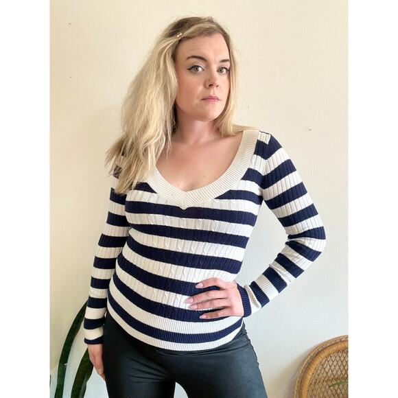Y2K Navy & White Stripe V-Neck Sweater - Picture 2 of 8